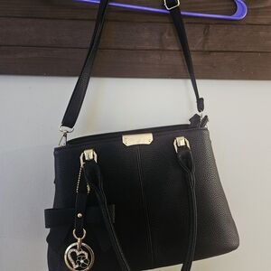 Black Pebbled Tote Handbag with Gold Accents